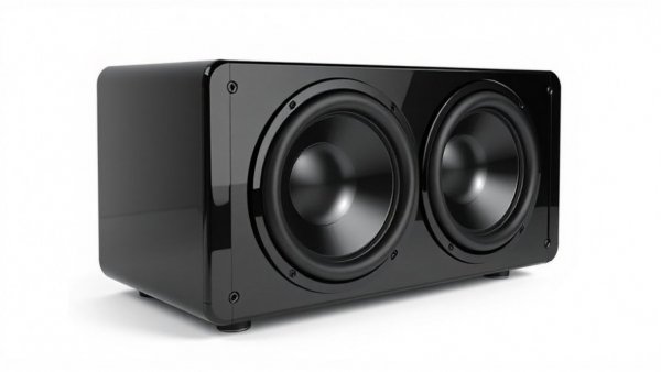 Sleek black infrasonic subwoofers with amplifier on white background.