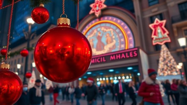 Festive holiday scene with Radio City and decorations, New York City.
