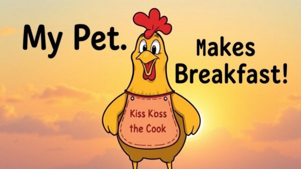 Cartoon of chicken with apron, humorous breakfast theme.