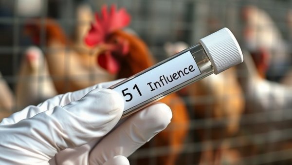 Hand holds H5N1 Avian Influenza test tube, blurred chicken background