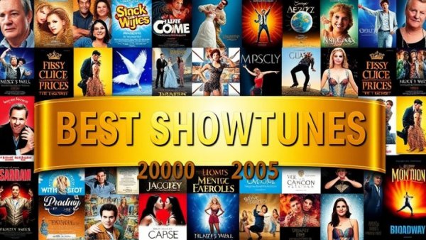 Broadway show posters collage highlighting best showtunes 2000-2005.