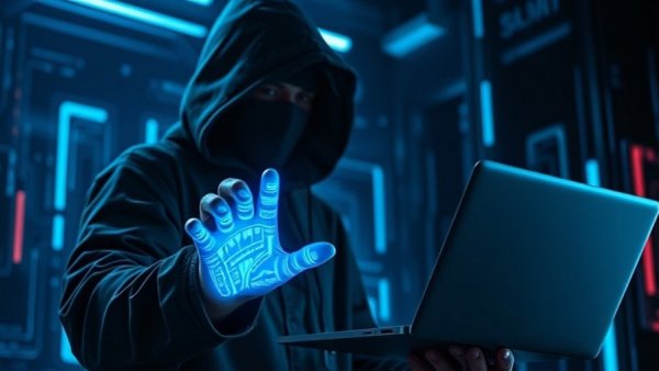 Hooded figure interacts with digital interface, AI and Quantum Computing Cybersecurity theme.