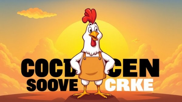 Cartoon chicken with apron in front of sunrise, Backyard Chickens promo.