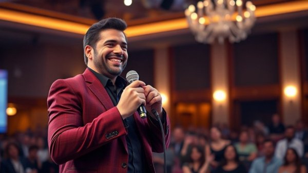 Performer with microphone at Broadway Dreams Gala, smiling onstage.