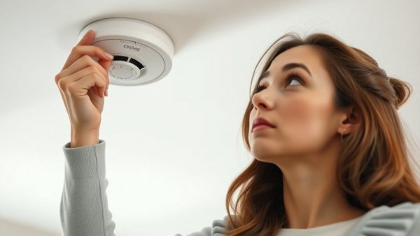 Carbon monoxide poisoning prevention - woman installing detector.