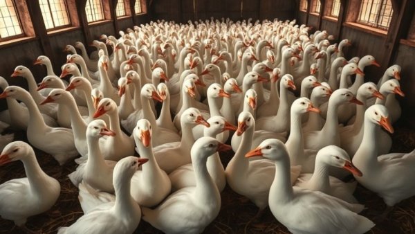White ducks flock in dim barn amid Queen Anne's County bird flu.