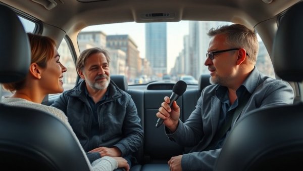 Design-first technology integration discussion in a vehicle at an expo.