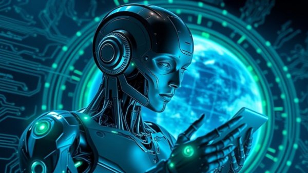 AI-driven ESG solutions with cyborg and holographic Earth.