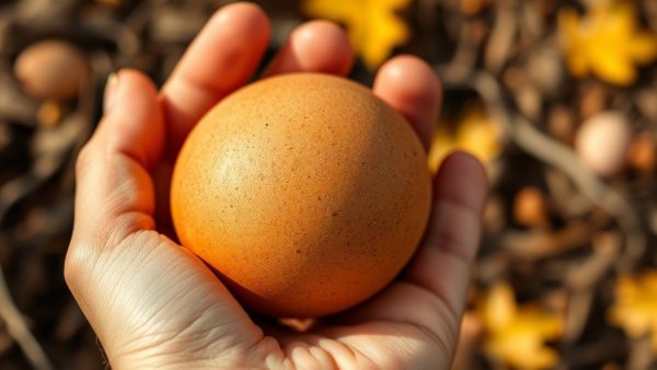 Brown egg held in hand outdoors, focus on texture.