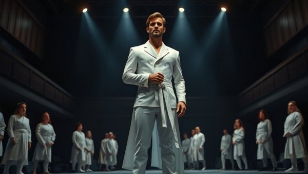 Modern stage scene in white costumes at Jamie Campbell Bower's Broadway cameo.