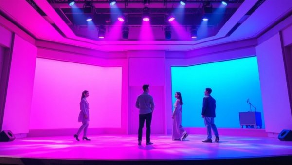 K-musicals on Broadway stage with contrasting room colors.