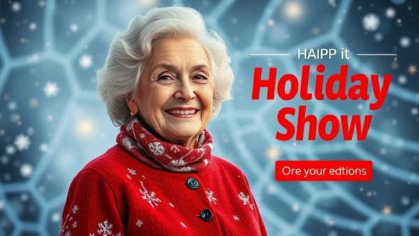 Festive portrait of an elderly woman smiling against snowy backdrop.