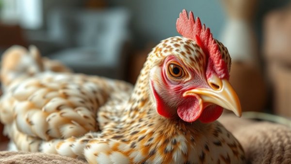 Speckled hen resting indoors, caring for aging pets.