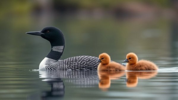 Loon family swimming in freshwater, birds moving gracefully, serene scene.