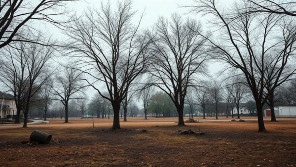 Somber Chatham-Kent avian flu scene with bare trees and debris.
