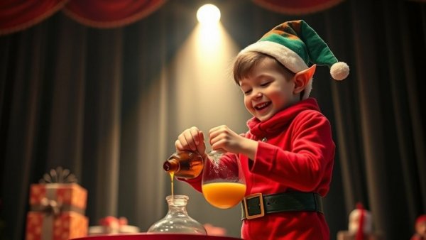 Broadway Christmas scene with young boy and elf pouring syrup on stage.