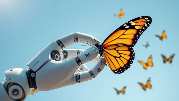 Futuristic robotic hand with butterfly, blue sky backdrop.