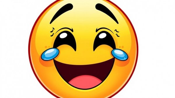 Cheerful emoji with tears of joy on white background.