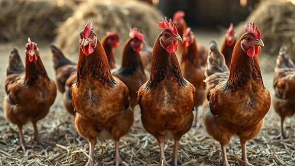 Brown hens standing on straw in a farm setting for types of poultry for farm.
