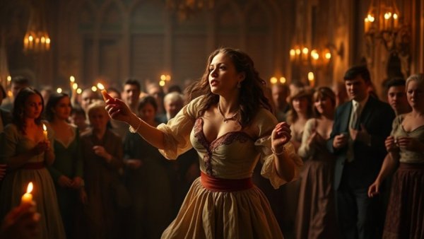 Scene from The Testament of Ann Lee musical drama with passionate dancers.