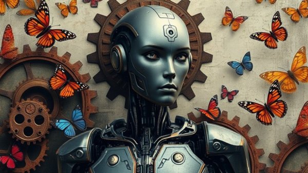Futuristic robot with gears and butterflies, Monetizing AI Agents theme.