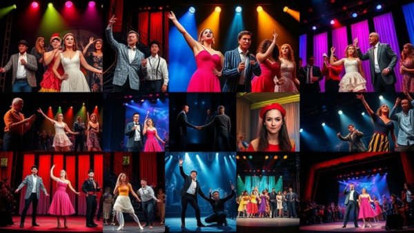 Vibrant collage of Broadway limited engagements scenes and colorful performances.