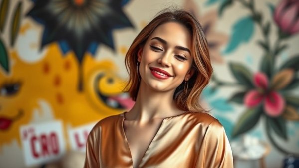 Elegant woman posing against an artistic wall mural.