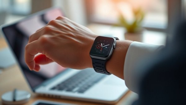Checking time on Apple Watch for best productivity apps, office setting.