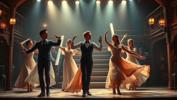 Performers in vintage costumes in an Off Broadway musical.