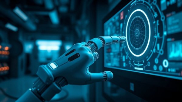 Futuristic robotic hand interacting with digital interface in high-tech lab.