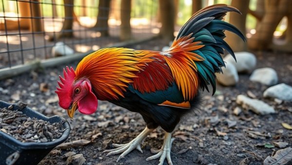 Rooster in fenced area with feeder, rehoming roosters.