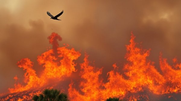 Bird flying over a wildfire, depicting the impact of wildfires on migratory birds.