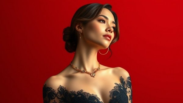 Elegant woman posing in red background, NYC performance style.