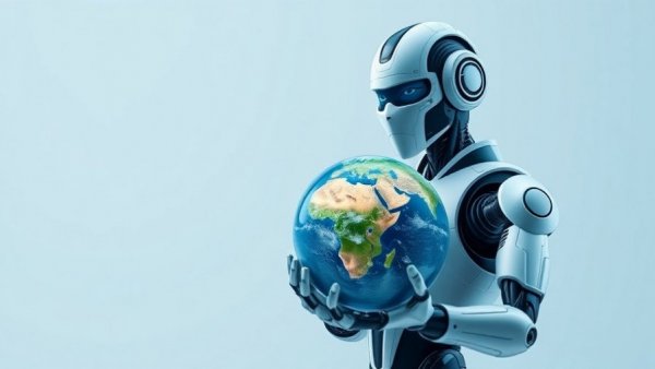 Futuristic robot holding digital Earth symbolizing AI data center investment.