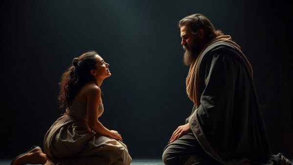 Paulina confronts Leontes in The Winter's Tale dramatic scene.