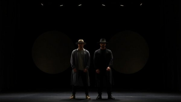 Waiting For Godot Broadway scene with two men on stage, minimalist set.