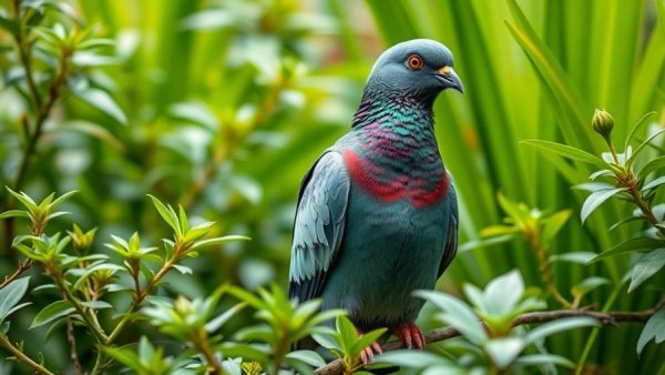 Colorful Kererū pigeon perched in lush greenery.