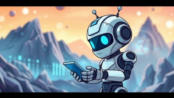 Futuristic cartoon robot analyzing data with vibrant tech background.