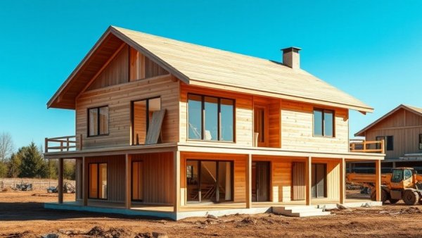 Simplified home design in progress with wooden structure in open landscape.