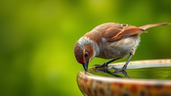 Brown bird gently perched at a garden bird bath, vivid background.