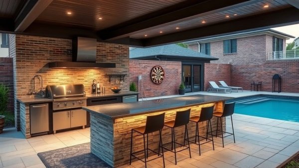 Modern outdoor kitchen design in DFW backyard with stone bar and grill.