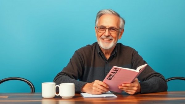 Older man with playbill and mug discussing Broadway's Chess Revival.