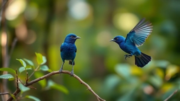 Two Indigo Buntings; one flying, one perched, How to Start Birding
