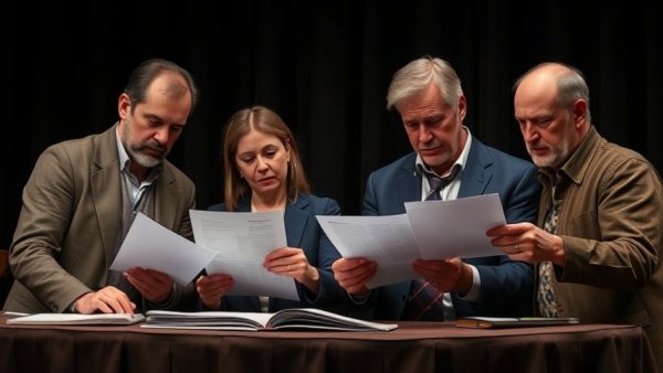 DMTC Legally Blonde actors reviewing papers on stage.