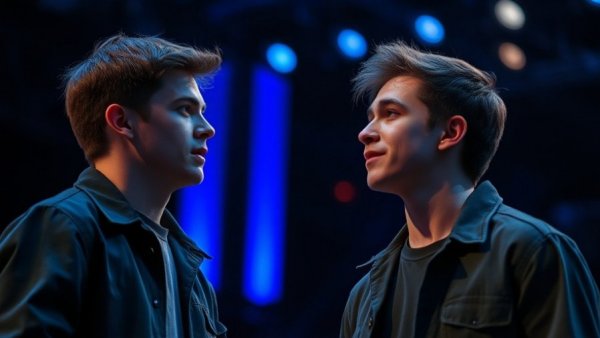 High school performance of a musical with blue-lit stage.