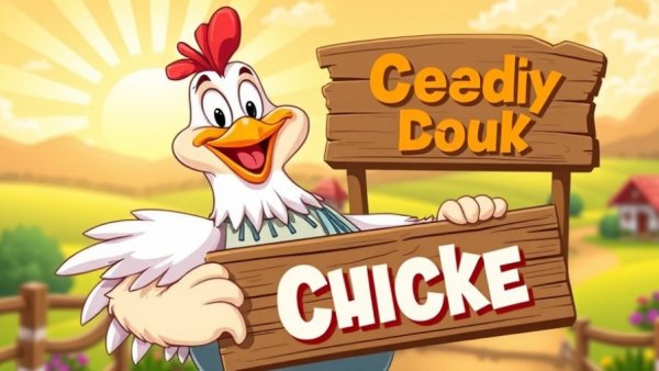 Retford Grouseleg breed development: Cartoon chicken with apron and text in vibrant scene.