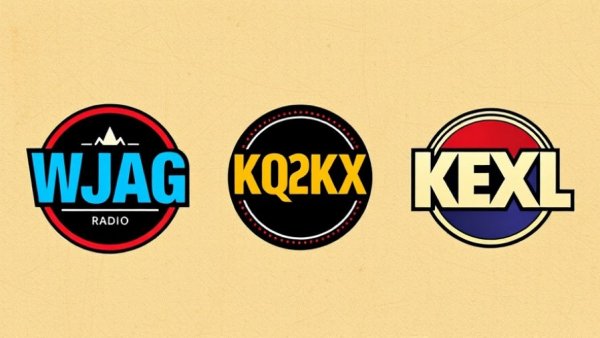 WJAG KQKX KEXL radio station logos on textured background
