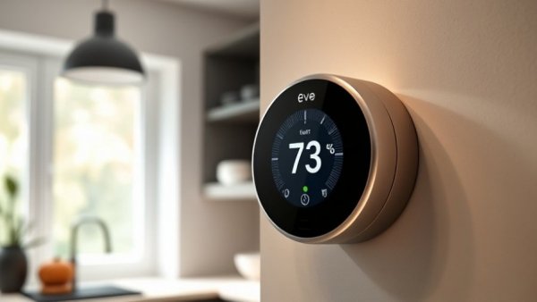 Eve Thermostat with Matter-over-Thread Support on kitchen wall.