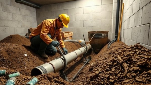 Basement waterproofing in progress with worker installing drainage.