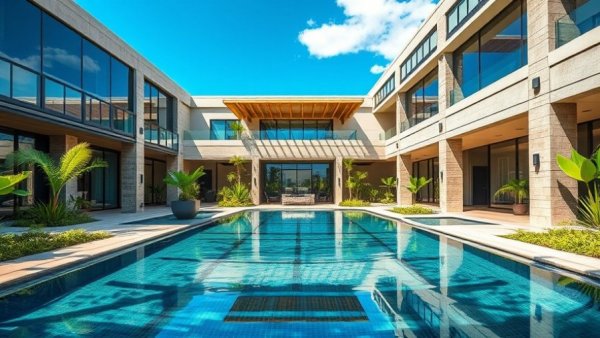 Luxurious modern courtyard featuring custom swimming pools with sleek design.